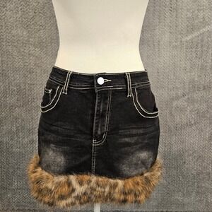 Romwe Black Denim Mini Skirt Leopard Faux Fur Trim Contrast Stitch XL US 12